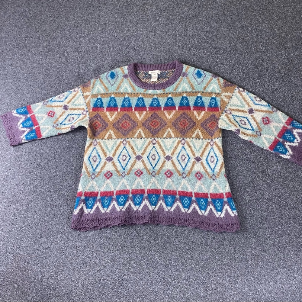 Vintage Sundance Fair Isle Argyle Pattern Fuzzy Mohair Knit Light Sweater Sz M